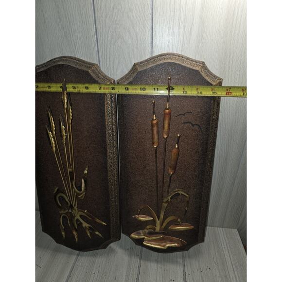Vintage 70s Brass Wood Cattail Wall Plaques Set Of 2 Mid Century Modern - Picture 5 of 11